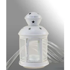 PORTA CANDELA LUMINO LANTERNA BIANCA METALLO BOMBONIERA MATRIMONIO STELLE 30667