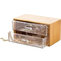 PORTA GIOIELLI COSMETICI CON 2 CASSETTI ORGANIZZATORE CASA IN LEGNO 19X11.7X9.6 CM 10829