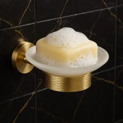 PORTA SAPONE IN ACCIAIO ORO CON PIATTINO VETRO SATINATO ACCESSORIO DA BAGNO 87927
