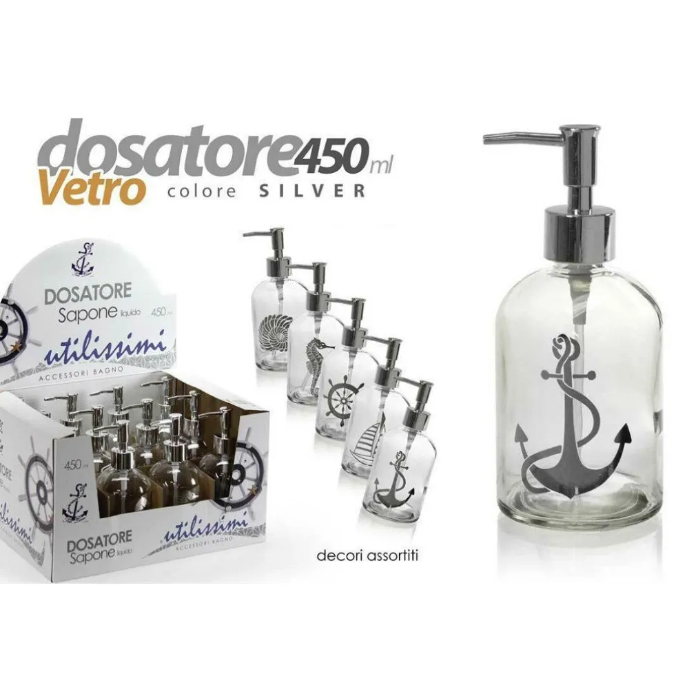 PORTA SAPONE LIQUIDO DOSATORE SILVER 450ML 8X18 CM VETRO DECORI ASSORTITI 775680