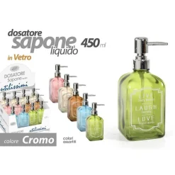 PORTA SAPONE LIQUIDO DOSATORE DISPENSER 450 ML 18CM IN VETRO VARI COLORI 819292