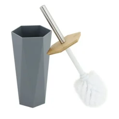 PORTA SCOPINO ESAGONALE GEOMETRICO GRIGIO LEGNO CON SCOPETTINO SPAZZOLONE WC BAGNO 10849