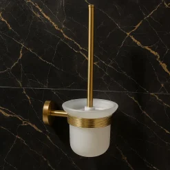 PORTA SCOPINO PER WC IN ACCIAIO ORO CON BICCHIERE VETRO SATINATO ACCESSORIO BAGNO 87935