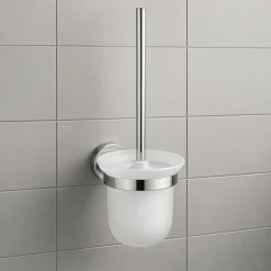 PORTA SCOPINO PER WC IN ACCIAIO SATINATO CON BICCHIERE VETRO SATINATO ARREDO BAGNO 87913