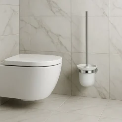 PORTA SCOPINO PER WC IN ACCIAIO SATINATO CON BICCHIERE VETRO SATINATO ARREDO BAGNO 87913