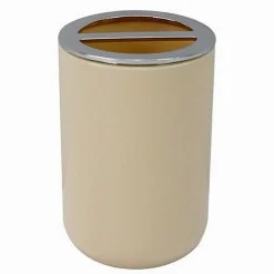 PORTA SPAZZOLINI BICCHIERE ACCESSORI BAGNO 2 FORI BEIGE SILVER CONTENITORE 79881