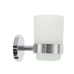 PORTA SPAZZOLINI DA DENTI IN ACCIAIO LUCIDO CON BICCHIERE VETRO SATINATO BAGNO 87917