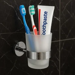 PORTA SPAZZOLINI DA DENTI IN ACCIAIO LUCIDO CON BICCHIERE VETRO SATINATO BAGNO 87917