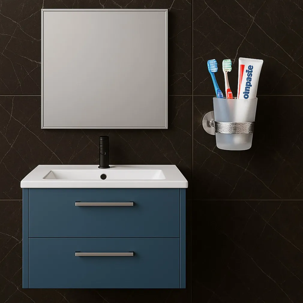 PORTA SPAZZOLINI DA DENTI IN ACCIAIO LUCIDO CON BICCHIERE VETRO SATINATO BAGNO 87917