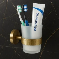 PORTA SPAZZOLINI DA DENTI IN ACCIAIO ORO CON BICCHIERE VETRO SATINATO BAGNO 87928