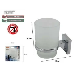 PORTA SPAZZOLINI DENTIFRICIO BICCHIERE VETRO SATINATO PARETE BAGNO SQUARE 59186