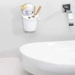 PORTA SPAZZOLINI DENTIFRICIO A VENTOSA BIANCO CONTENITORE PARETE BAGNO 59541