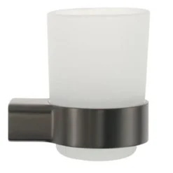 PORTA SPAZZOLINI PARETE STILIZZATO ACCIAIO GRIGIO CON BICCHIERE VETRO SATINATO BAGNO 87938