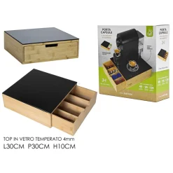 PORTACAPSULE BAMBÙ CON CASSETTO 4 SCOMPARTI ORGANIZZATORE CAPSULE CIALDE CAFFÈ TISANE TÈ