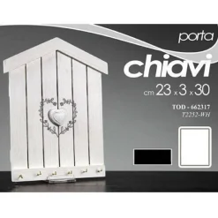 PORTACHIAVI DA PARETE FORMA CASETTA IN LEGNO BIANCO CON CUORE STILE SHABBY CHIC