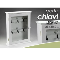 PORTACHIAVI PARETE APPENDINO 6 GANCI 31X25X7CM IN LEGNO BIANCO ANTA VETRO 660832