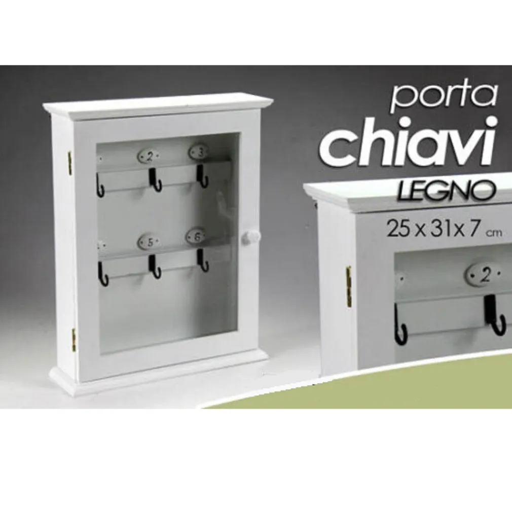 PORTACHIAVI PARETE APPENDINO 6 GANCI 31X25X7CM IN LEGNO BIANCO ANTA VETRO 660832