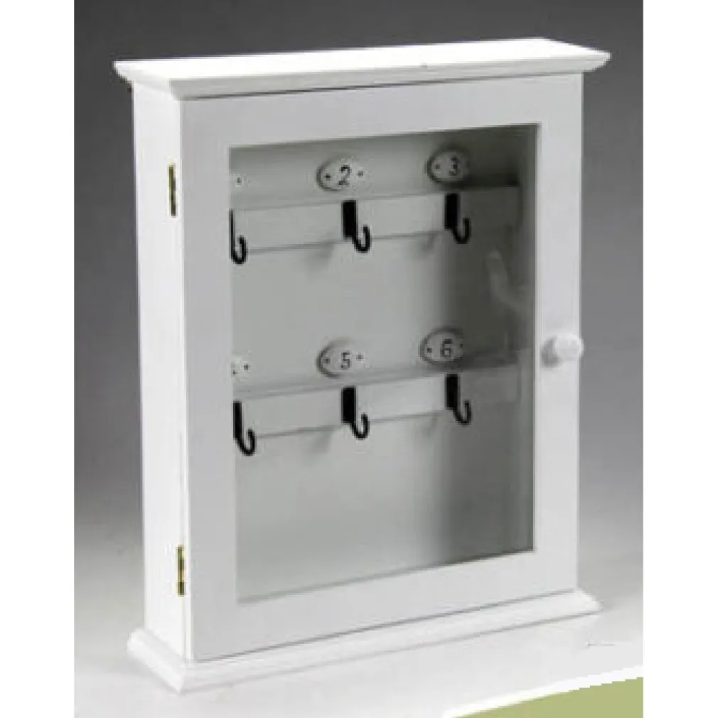 PORTACHIAVI PARETE APPENDINO 6 GANCI 31X25X7CM IN LEGNO BIANCO ANTA VETRO 660832