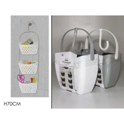 PORTAOGGETTI CON GANCIO 3 CONTENITORI SALVASPAZIO CESTINO BAGNO SOSPESO IN PLASTICA 70 CM