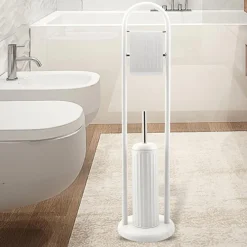 PORTAROTOLO CON SPAZZOLONE PORTA SCOPINO BAGNO LINEAR IN METALLO BIANCO 22X81CM