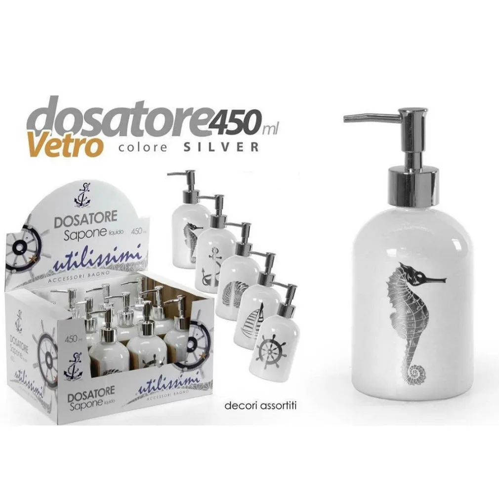 PORTASAPONE LIQUIDO DOSATORE SILVER 450 ML 8X18CM VETRO DECORI ASSORTITI 775666