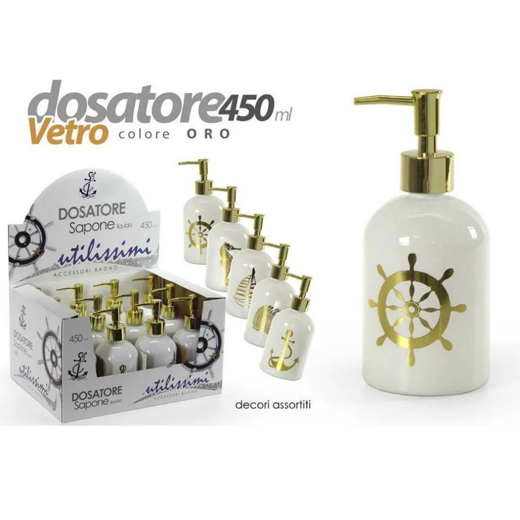 PORTASAPONE LIQUIDO DOSATORE ORO 450ML 8X18CM VETRO VARI DECORI ASSORTITI 775659