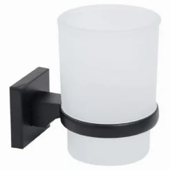 PORTASPAZZOLINI BICCHIERE VETRO ACCIAIO DA MURO NERO STILE MINIMAL MODERNO 79985