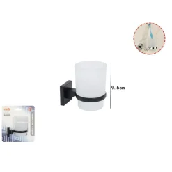 PORTASPAZZOLINI BICCHIERE VETRO ACCIAIO DA MURO NERO STILE MINIMAL MODERNO 79985