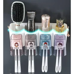 PORTASPAZZOLINO ADESIVO MULTIFUNZIONE ORGANIZER PER SPAZZOLINO DENTI CON 4 TAZZE + 4 SLOT