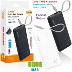 POWER BANK BATTERIA ESTERNA PORTATILE RICARICABILE 8000MAH CON PLUG TYPE-C TT8033