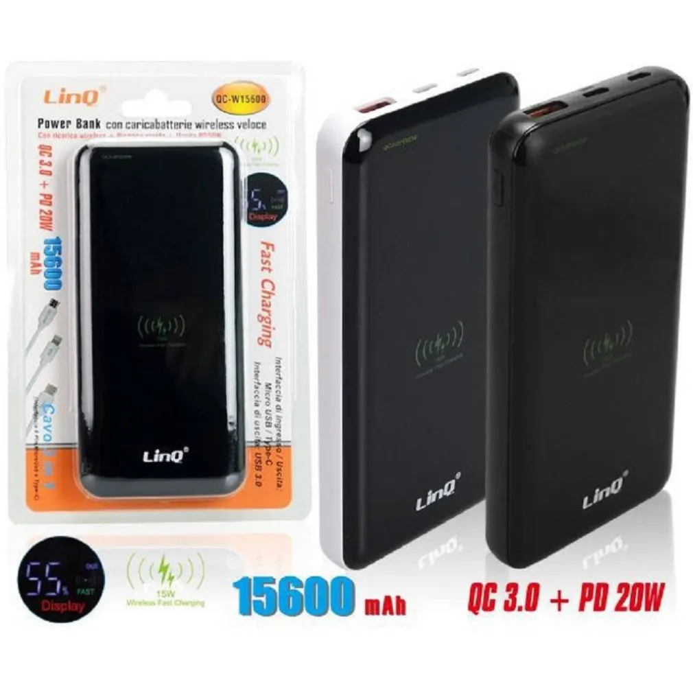 POWER BANK BATTERIA ESTERNA RICARICA VELOCE WIRELESS 15600MAH CARICABATTERIA QC-W15600