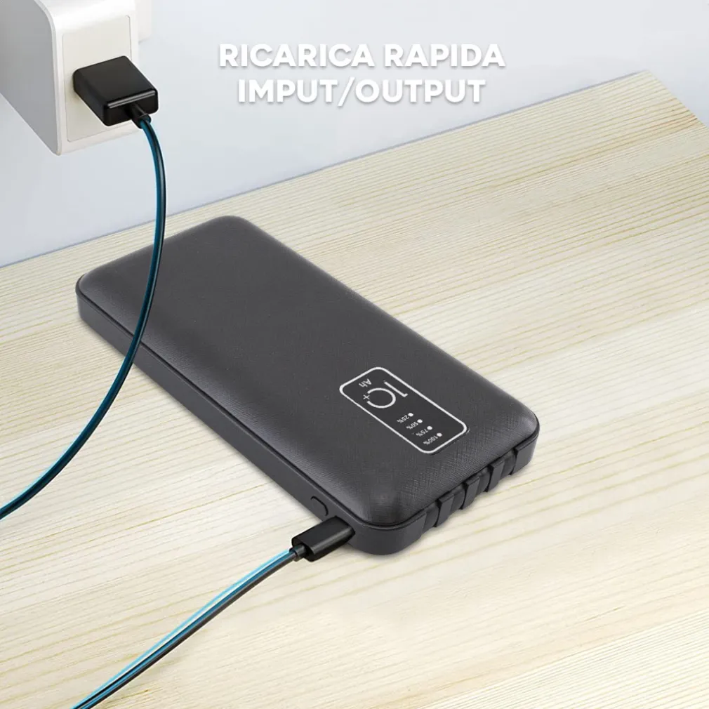 POWER BANK 20000mah CARICABATTERIE PORTATILE VELOCE CON 4 CAVI USB CARICA RAPIDA