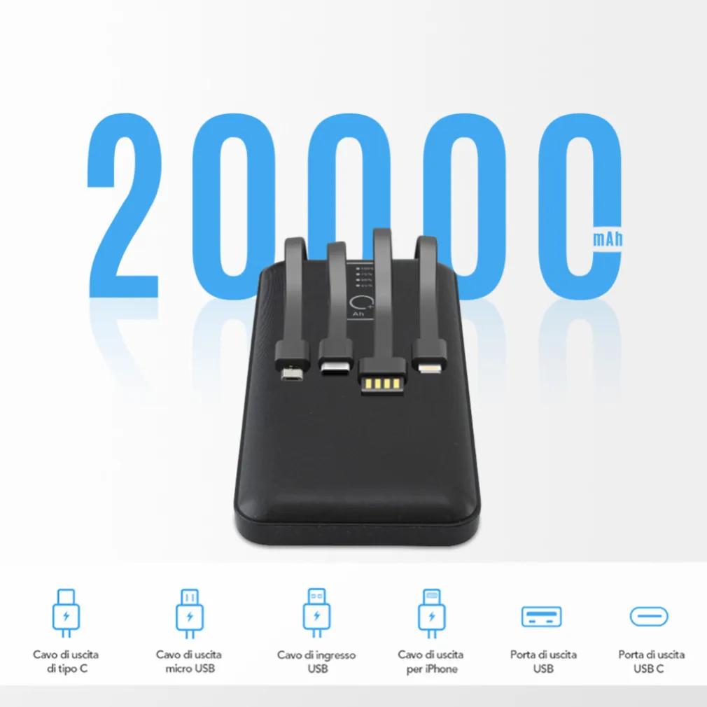 POWER BANK 20000mah CARICABATTERIE PORTATILE VELOCE CON 4 CAVI USB CARICA RAPIDA