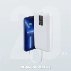 POWER BANK 20000mah CARICABATTERIE PORTATILE VELOCE CON 4 CAVI USB CARICA RAPIDA