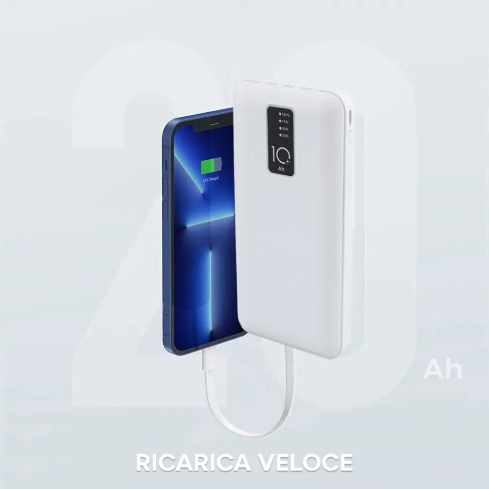 POWER BANK 20000mah CARICABATTERIE PORTATILE VELOCE CON 4 CAVI USB CARICA RAPIDA