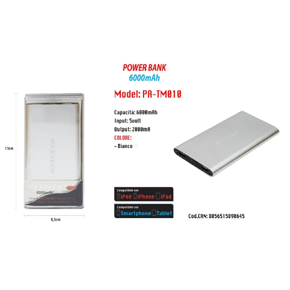 POWER BANK PORTATILE 6000MAH PER SMARTPHONE CELLULARE TABLET MAXTECH PA-TM010