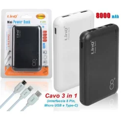 POWER BANK SOTTILE BATTERIA SUPPLEMENTARE 8000 MAH DOPPIA USB CAVO 3IN1 TT-8000+