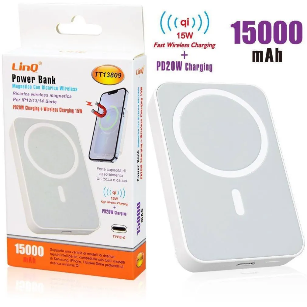 POWERBANK MAGNETICO CON RICARICA WIRELESS 15W QI VELOCE + PD20W 15000MAH TT13809