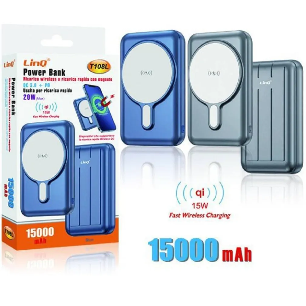 POWERBANK 15000MAH RICARICA RAPIDA WIRELESS CON MAGNETE 15W QC 3.0 + PD 20W T108L
