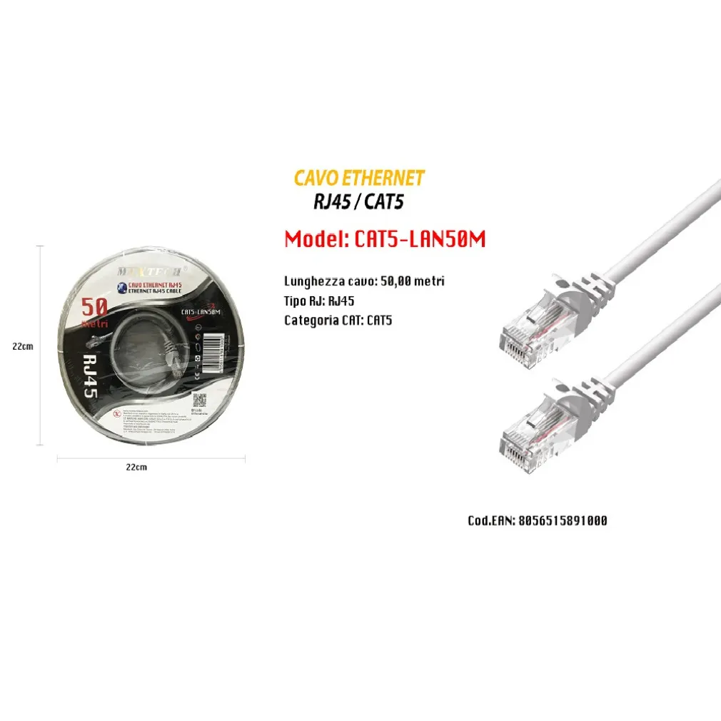 PROLUNGA CAVI ETHERNET RETE LAN PER INTERNET RJ45 CAT5 50MT MAXTECH CAT5-LAN50M
