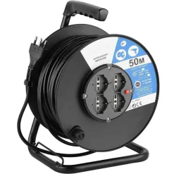 PROLUNGA ELETTRICA CAVO 50 MT AVVOLGICAVO E 4 PRESE SCHUKO POLIVALENTI SPINA 16A