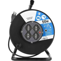 PROLUNGA ELETTRICA CAVO 50 MT AVVOLGICAVO E 4 PRESE SCHUKO POLIVALENTI SPINA 16A