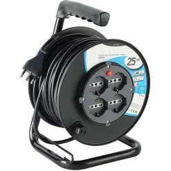 PROLUNGA ELETTRICA CAVO 25 MT AVVOLGICAVO 4 PRESE SCHUKO POLIVALENTI SPINA 16A