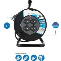 PROLUNGA ELETTRICA CAVO 25 MT AVVOLGICAVO 4 PRESE SCHUKO POLIVALENTI SPINA 16A