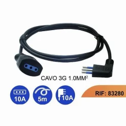 PROLUNGA LINEARE 5 METRI CON SPINA 10A 2P+T + PRESA 10A 2P+T CAVO 90° NERA 83280