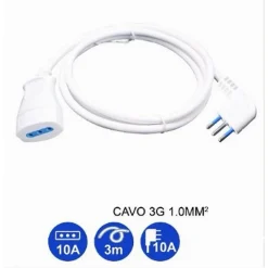PROLUNGA LINEARE BIANCA DA 3 MT SPINA 10A 2P+T + PRESA 10A 2P+T CAVO 90° 83270