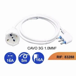 PROLUNGA LINEARE CAVO 5MT 90° CON SPINA 16A PRESA UNIVERSALE SCHUKO BIANCA 83288