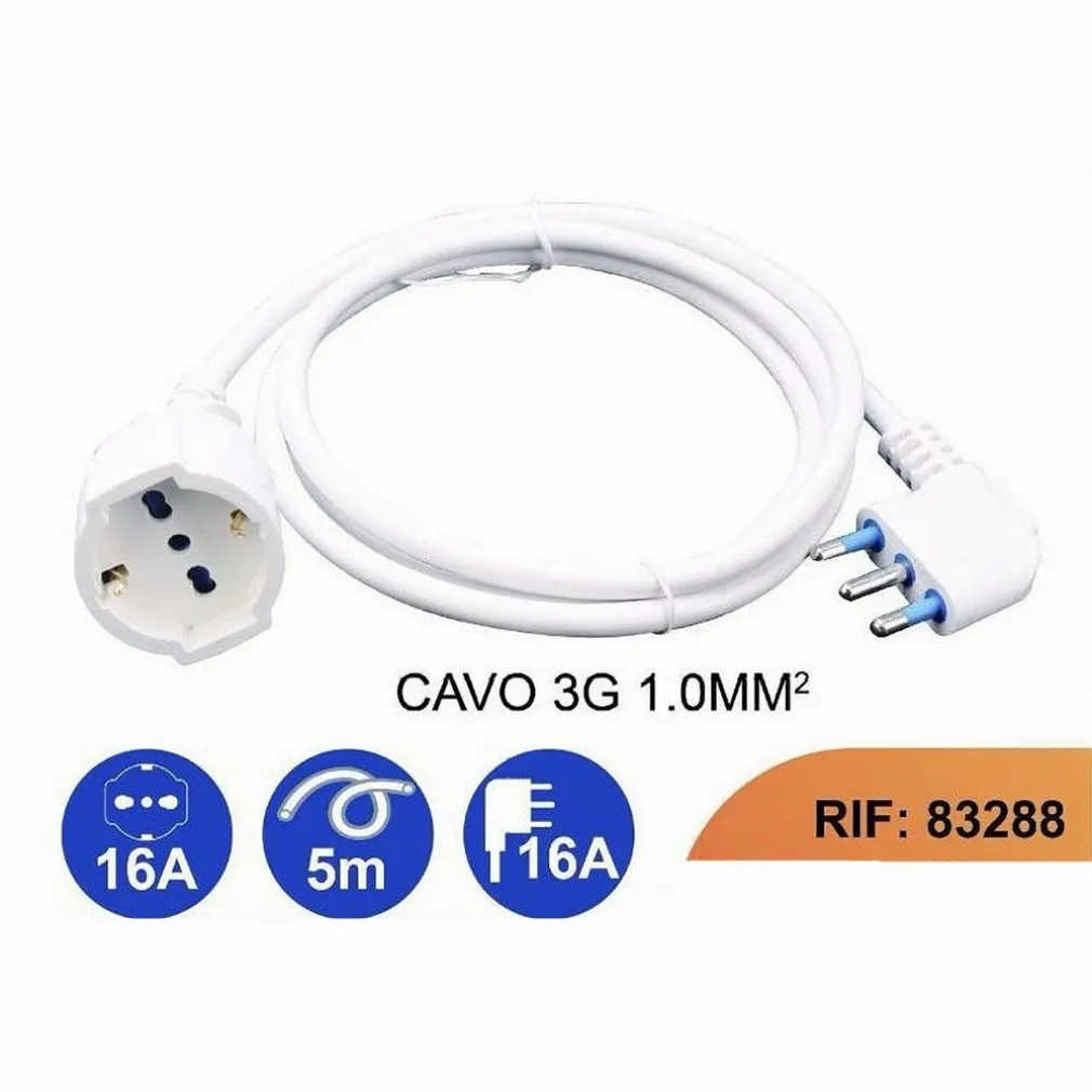 PROLUNGA LINEARE CAVO 5MT 90° CON SPINA 16A PRESA UNIVERSALE SCHUKO BIANCA 83288
