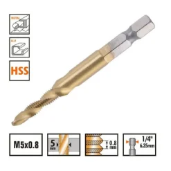 PUNTA PER TRAPANO M5X0.8MM IN TITANIO HSS CON FILETTATURA METRICA METALLO 57211