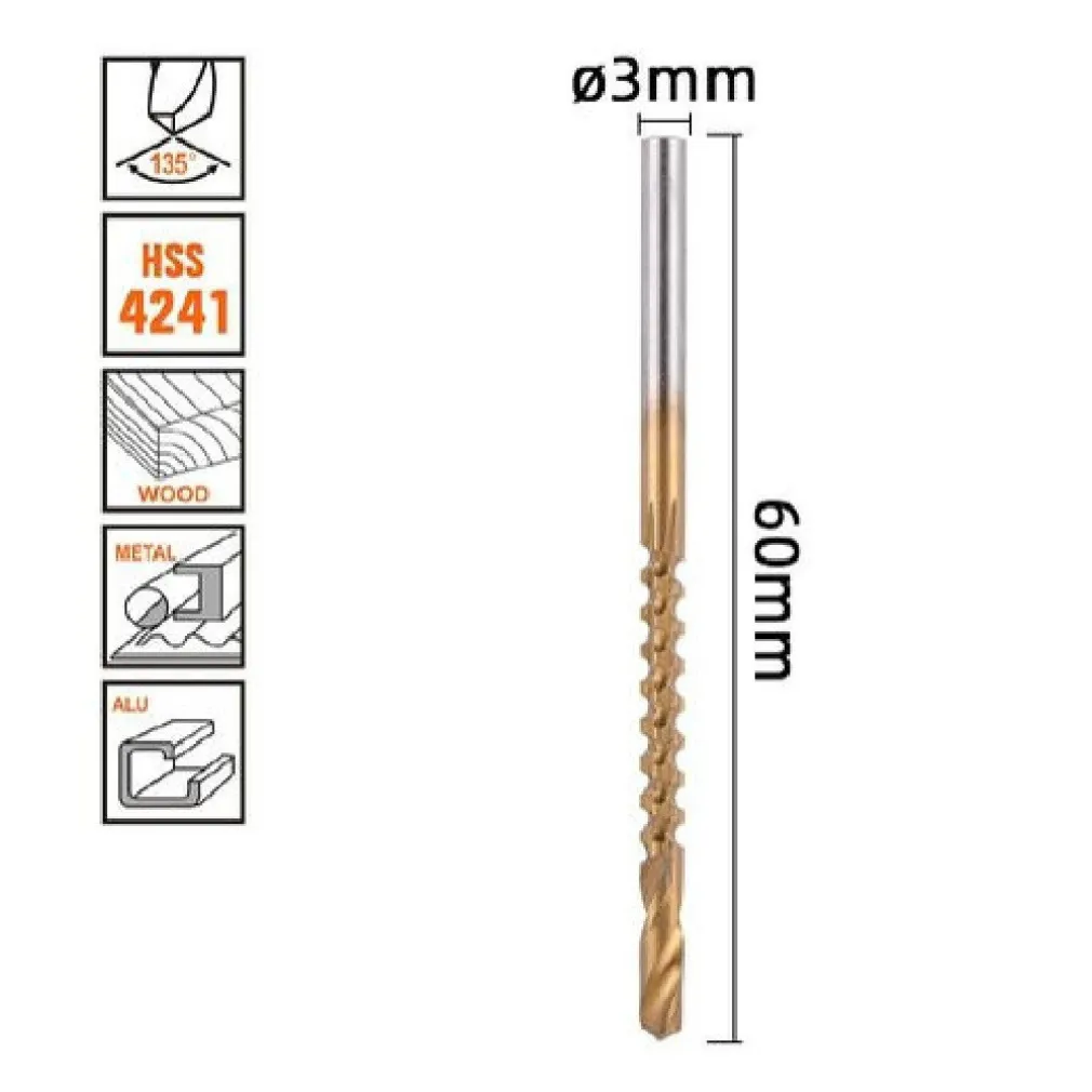 PUNTA TRAPANO ELICOIDALE Ø 3MMX60MM IN TITANIO HSS 4241 PER METALLO LEGNO 57147